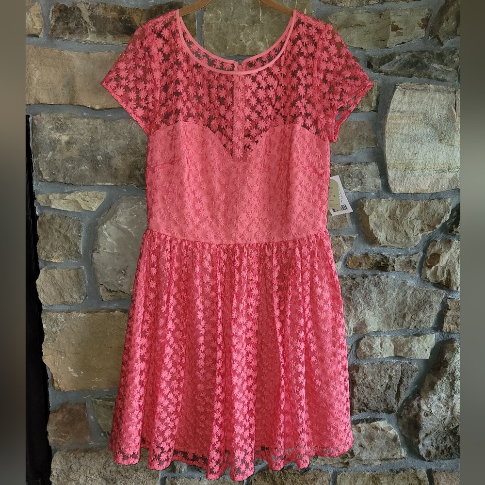 NWT Artelier Sheer Floral Lace Dress 10 Fit & Flare Coral Red